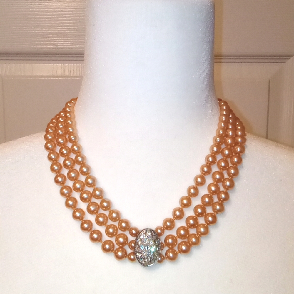 Vintage Kissaka Faux Pink Color Pearl Bracelet & 3Rows Necklace